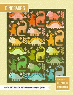 the dinosaur quilt pattern is shown in green, orange and pink colors with an image of dinosaurs