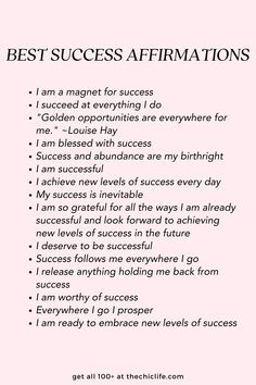 a pink poster with the words best success affirmations