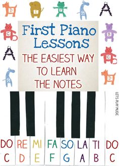 the first piano lessons book is shown with colorful letters and animals on it's cover