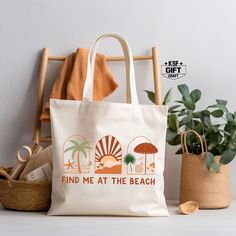 "Find Me At The Beach Tote Bag, Cute Summer Tote Bag, Beach Lovers Gift, Summer Vibes Totes, Summer Gift, Cool Summer Bag, Beach Shoulder Bag Personalized tote bags are perfect for yourself, Your Company, or as a gift! These are also the ideal bride's, Bridal Shower, Baby Shower, Birthday Party, gift, or proposal gift. PRODUCT *Measurements15\"L x 16\"H *12 oz./yd² (US), 20 oz (CA), 100% heavy cotton canvas *20\" canvas webbed handles * 9\" handle drop *Made from Heavy duty cotton canvas fabric Eco-friendly Beach Bag For Summer, Eco-friendly Summer Beach Bag, Eco-friendly Summer Canvas Bag, Summer Canvas Tote Bag For On-the-go, Eco-friendly Canvas Bag For Beach Season, Blank Tote Bag, Summer Tote Bag, Tote Bag Beach, Beach Tote Bag