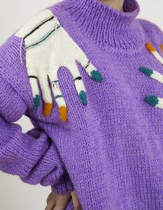 Hand-embroidered hands, rings and bracelets.Material – 60% acrylic, 30% wool, 10% angoraoversize fit.The model is wearing size S. Measurements:XS - Bust(cm):80-82; Waist(cm):63-64; Hips(cm):87-89.S - Bust(cm):83-84; Waist(cm):65-66; Hips(cm):90-92.M - Bust(cm):88-90; Waist(cm):68-70; Hips(cm):94-96.L - Bust(cm):92-94; Waist(cm):74-76; Hips(cm):98-100.XL - Bust(cm):96-98; Waist(cm):78-80; Hips(cm):102-104.Those who are between sizes should order the larger size. Purple Knit Dress, Novelty Sweater, Purple L, Basic Sweaters, Roll Neck Sweater, Fashion Portfolio, Boys Sweaters, Purple Sweater, Knitwear Design