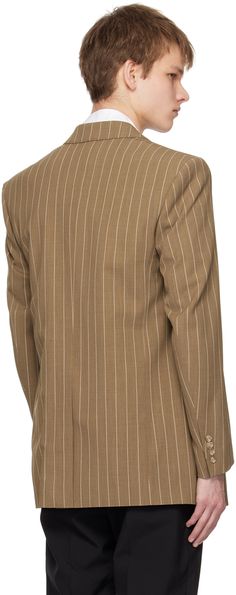 Stretch wool gabardine blazer. Pinstripes throughout. · Peaked lapel · Double-breasted button closure · Flap pockets · Padded shoulders · Four-button surgeon's cuffs · Central vent at back hem · Full satin lining · Horn hardware Supplier color: Hazel/Beige pinstripe Striped Blazer With Double Button Closure And Notch Lapel, Striped Notch Lapel Blazer With Double Button Closure, Striped Wool Blazer For Business Casual, Striped Single-breasted Wool Blazer, Striped Wool Blazer With Notch Lapel, Striped Wool Blazer For Work, Striped Blazer With Notch Lapel And Welt Pockets, Business Blazer With Vertical Stripes And Long Sleeves, Semi-formal Striped Blazer With Welt Pockets