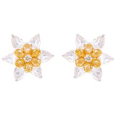 18 Karat Gold 6.12 Carat Yellow Diamond and White Diamond Flower Stud Earrings Illuminate your elegance with our Yellow Diamond and White Diamond Modulation Flower Stud Earrings—a captivating pair that seamlessly blends the allure of yellow diamonds, white diamonds, and the vintage charm of rose-cut diamonds. At the heart of these exquisite earrings lies a radiant modulation design that forms a captivating flower shape. Each earring is a testament to the harmonious fusion of rose-cut diamonds an Yellow Diamonds, Light Weight Jewelry, Flower Stud Earrings, Flower Stud, Flower Tops, Diamond Flower, Flower Earrings Studs, Flower Studs, Yellow Diamond