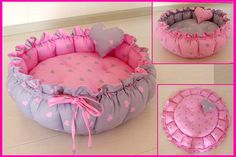 a pink and grey heart shaped pet bed with ruffles on the bottom, in three different views