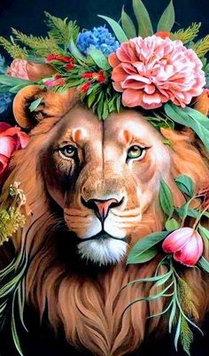 a painting of a lion with flowers on its head