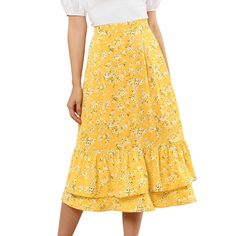 Featuring pretty ditsy floral prints, this midi skirt is a summer option that can be worn with just about anything. Channel elegant style in this midi skirt which is beautifully printed with a blossom pattern for a versatile look. It is made of lightweight fabric, adding definition to the free-flowing design. Falling to a waterfall midi hem, it sits high on the waist with a discreet side zip fastening. Summer days call for effortlessly feminine styles like skirts. Long Cotton Skirt, Skirt Chiffon, Blossom Print, Yellow Skirt, Printed Skirt, Floral Print Skirt, Midi Skirts, Summer Skirts, Cotton Skirt