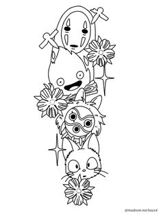 an image of cartoon characters with flowers on the bottom and one in the top corner