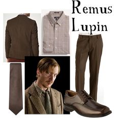 a man in brown suit and tie next to a white background with words that read, remus lupin