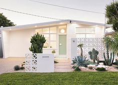 a white house with cactus and cacti in the front yard