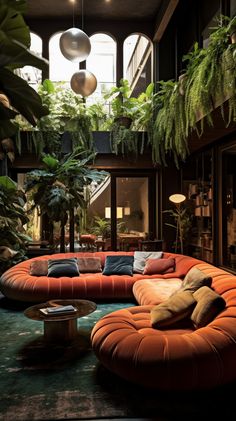 a living room filled with lots of plants and furniture