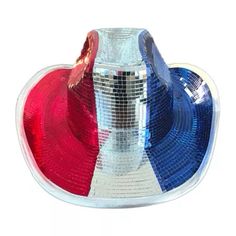 Yeehaw! This disco ball western hat can take you from festivals, to rodeos, to the 4th of July! The fabric cowboy hat has a metallic silver brim and is covered in red, white, and silver glass tiles. Silver Summer Hat For Rodeo, Western Silver Hats For Summer, Silver Summer Rodeo Hat, Western Silver Hats For Parties, Western Style Silver Hats For Party, Red Western-style Party Hat, Red Western Style Party Hat, Disco Ball Cowboy Hat, July Ideas