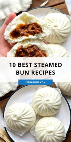 some buns are on a plate with the words, 10 best steamed bun recipes