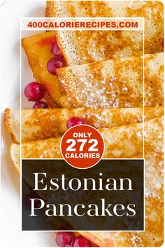 Estonian Pancakes: Delightful, crape-like Estonian pancakes recipe that make the perfect breakfast on Mother's Day. Estonian-style pancakes are a cross between a pancake and a crape, in that they are generally too thin to be thought of as traditional North American pancakes, and too thick for any chef to consider to be a proper crape. In any case, the are delicious and easy to roll or fold up around your desired topping. Estonian Recipes, Low Calorie Recipes Snacks, Estonian Food, Healthy Bakes, Calorie Breakfast, Healthy Low Fat Recipes, Inexpensive Dinners, Low Calorie Recipes Dessert, American Pancakes