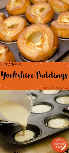 the batter is being poured on top of yorkshire puddings