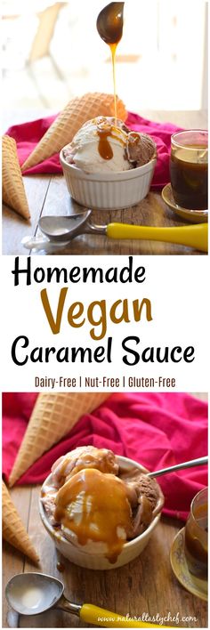 homemade vegan caramel sauce in a bowl with ice cream