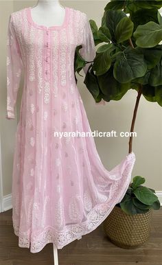 Georgette Chikankari Anarkali with resham thread embroidery and mukaish work. Liner included. Team it with white Chikankari pants and Dupatta to complete the look ! Anarkali Length-50 inches Normal Kurti, Pink Georgette Anarkali, Chikankari Pants, Chikankari Kurti Set, Jungle Birthday Cakes, Lucknowi Kurta, Chikankari Anarkali, Mukaish Work, Stylish Kurtis