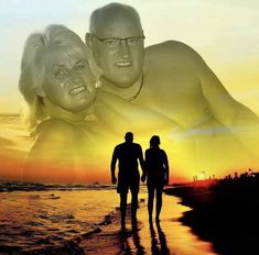 two people walking on the beach at sunset with an image of them in the background