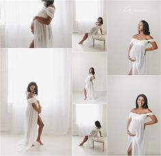 a pregnant woman poses in her white gown