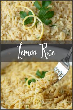 lemon rice in a bowl with a fork and parsley on top, next to the recipe title