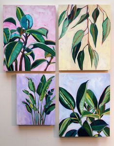 three paintings with green leaves on them