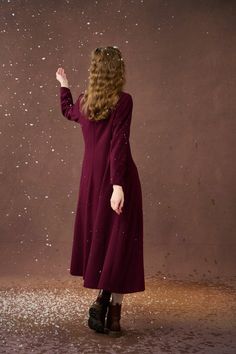 Mistletoe 17 | Vintage wool dress in Purple – Linennaive Formal Winter Wool Dress, Formal Wool Dress For Winter, Elegant A-line Winter Maxi Dress, Fitted Wool Dress For Fall, Winter Evening Long Sleeve Dress, Winter Evening A-line Midi Dress, Chic Wool Party Dress, Wool Dress For Formal Fall Events, Winter Formal Wool Midi Dress