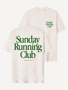 the sunday running club t - shirt in white with green lettering on the front and back