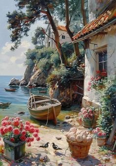 a painting of a boat on the water near a house with flowers in front of it