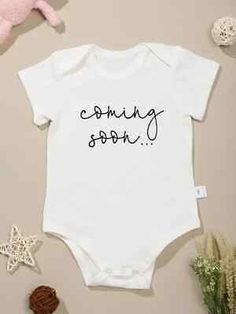 Coming Soon Baby White Jumpsuit - Newborn Romper - Parents to Be Announcement | eBay White Summer Bodysuit For Gender Reveal, White Bodysuit For Summer Gender Reveal, Parents To Be, Baby Print, Newborn Romper, Print Ideas, Baby Coming, White Jumpsuit, Black Letter