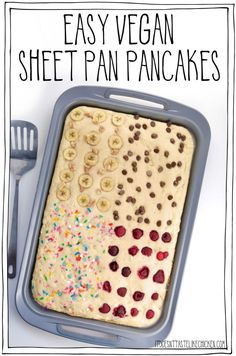 an easy vegan sheet pan pancakes with fruit and sprinkles on top