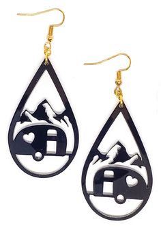 These camper earrings are the perfect gift for the happy camper in your life. These cute black acrylic earrings are lightweight and versatile enough to add a nice touch to any outfit. Details... one set of earrings black acrylic laser cut  dangle earrings  1.3 inches in width 2.25 inches in length silver finish hooks This set is handmade. Because of this, there may be slight variances from included photos. Do not submerge in water (showering, swimming, etc.). These are made of acrylic but are no Black Hypoallergenic Fun Earrings, Fun Black Hypoallergenic Earrings, Fun Black Earrings, Black Acrylic Earrings, Acrylic Laser Cut, Laser Projects, Black Acrylic, Black Acrylics, Happy Camper