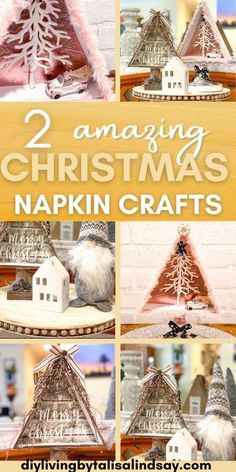 the steps to making christmas napkins are shown with text overlay that reads 2 amazing christmas napkin crafts