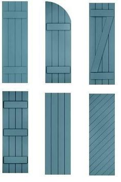 several different types of doors and windows with shutters on each side, all in shades of blue