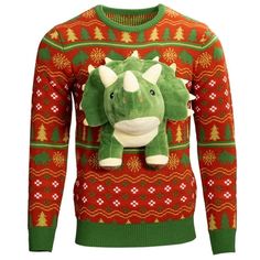 a green and red christmas sweater with an ugly dinosaur on it's chest is shown