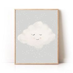 a white cloud with eyes closed and stars in the sky is featured on a gray background