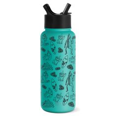 a blue water bottle with drawings on it