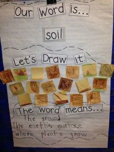 a bulletin board with words and pictures on it that say, our word is soil let's draw it