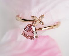 Gems Ring, Pink Morganite Engagement Ring, Aquamarine Birthstone, Heart Rings, Gold Diamond Wedding Band, Unique Flower, Pink Morganite