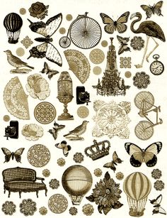 an image of many different things that are in black and gold color on white paper