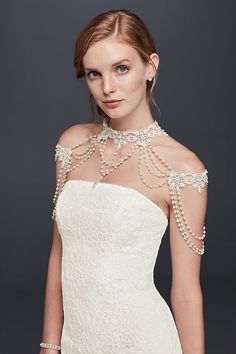 Crafted of sumptuous strands of luminous pearls, this statement piece drapes gracefully across bare shoulders. Polyester, resin, glass, metal Lobster clasp with 3 extender 15 L, 20 W Imported Pearl Body Jewelry, What Jewelry To Wear, Wedding Dress Jewelry, Davids Bridal Wedding Dresses, Micro Braids, Wedding Bridal Jewellery