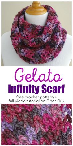 an image of a scarf with text that reads gelato infinity scarf free crochet pattern