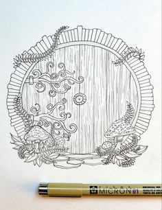 a drawing of a door in the middle of a forest with trees and mushrooms on it