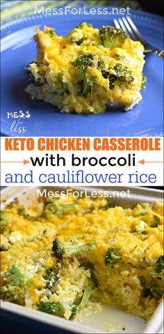 broccoli and cauliflower rice casserole on a blue plate