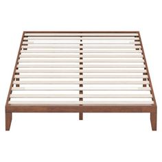 a bed frame with wooden slats and white sheets on the bottom, against a white background