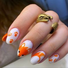 Nail Art Fox Design, Fox Design Nails, Cute Fox Nail Designs, Fox Nails Designs, Fox Nail Art, Animal Nail Designs, Animal Print Nails Art, Thanksgiving Nail Designs