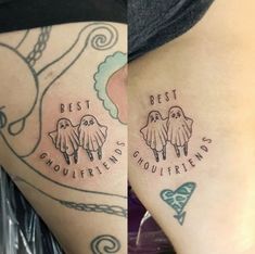 two pictures showing the same tattoo on each side of their thighs, one with three ghost tattoos