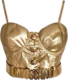 Tops Gold, Metallic Crop Top, Png Clothes, Couture Top, Coated Denim, Moschino Couture, White Sleeveless Top, Denim Crop Top, Couture Tops