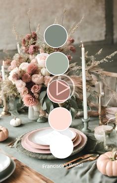 the table is set with plates and flowers in pastel shades, including pinks