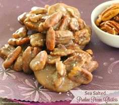 sea salted pretzel pecan clusters on a purple plate