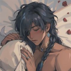 an anime character with long hair and braids laying in bed next to a pillow