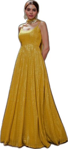 Festive Maxi Length Gown For Gala, Festive Gala Maxi Dress, Gold Floor-length Party Wear Gown, Gold Bollywood Maxi Dress, Festive Gold Maxi Gown, Gold Sleeveless Gown For Festive Occasions, Festive Gold Maxi Length Gown, Yellow Georgette Anarkali Set For Party, Yellow Floor-length Gown For Gala